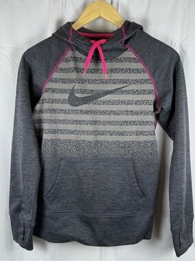 Nike Therma-FIT Gray Pink Pullover Hoodie XS Striped Swoosh Fleece